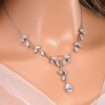 CZ Echoes of the Enchanted Vine Necklace Set, Long Bridal Jewelry, Bridal Earrings And Necklace, Statement Earrings Cz Necklace Set.